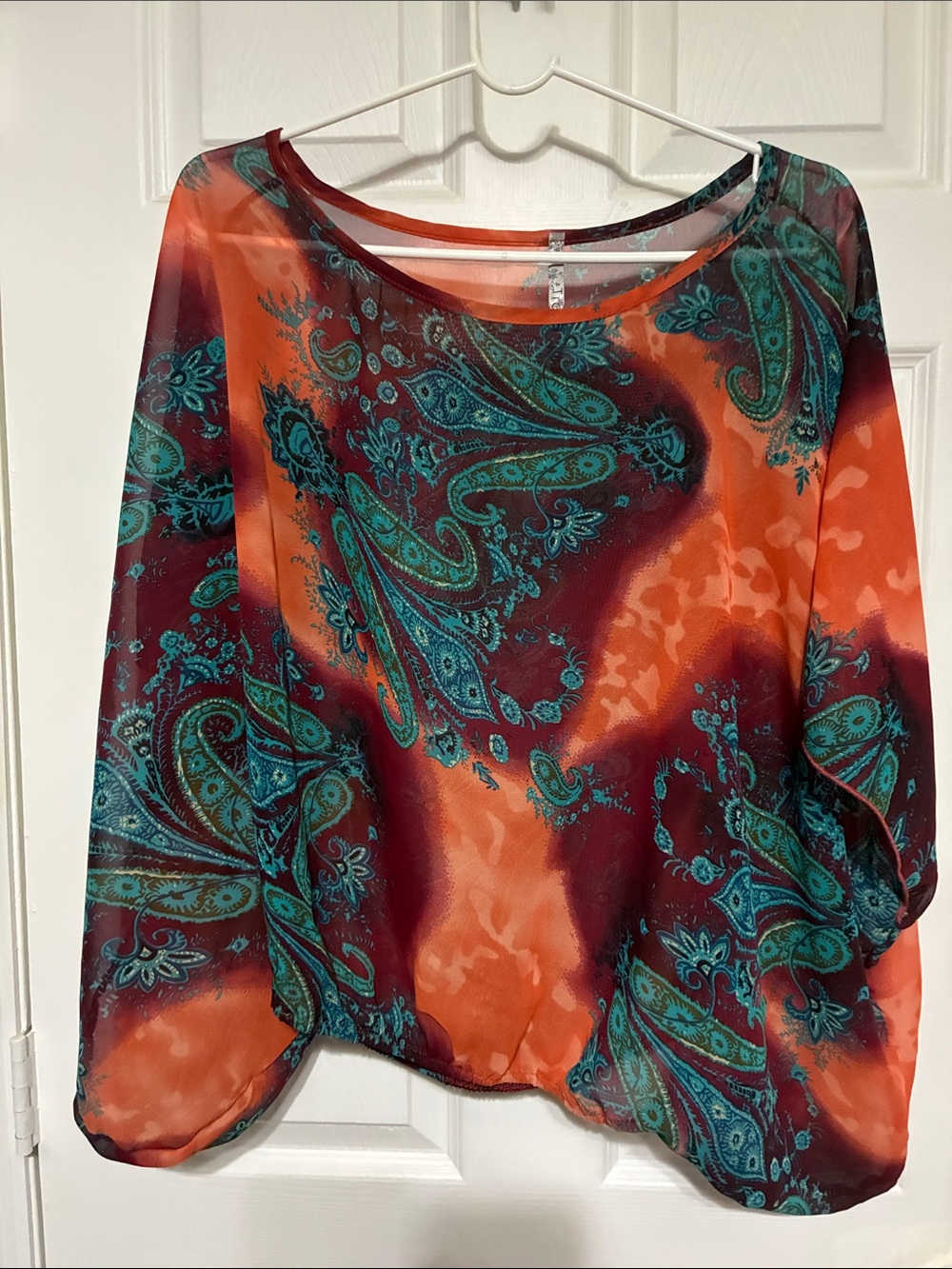 Paisley Sheer Orange Blouse with Teal Accents - Unbranded